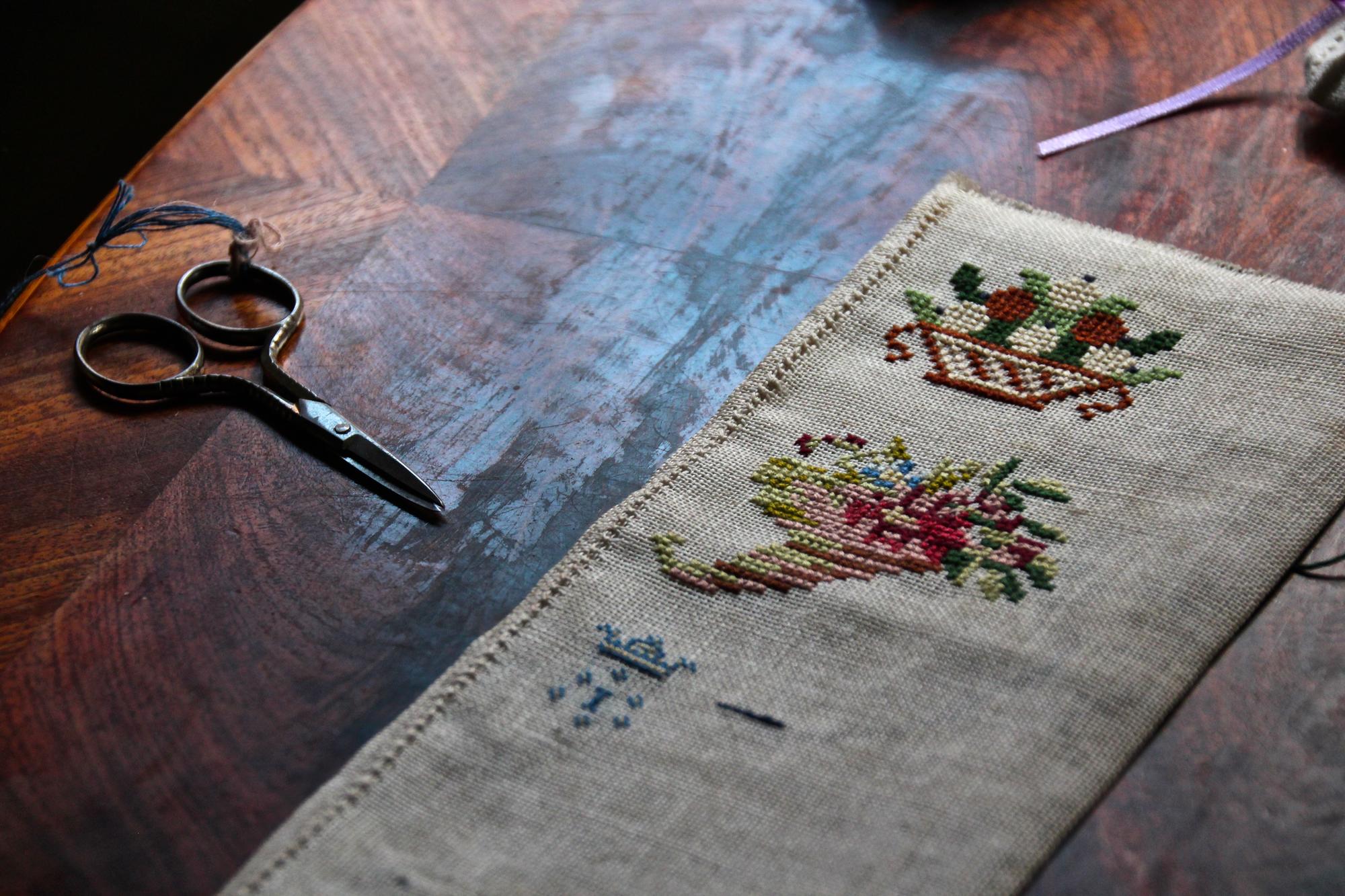 embroidery samples on table